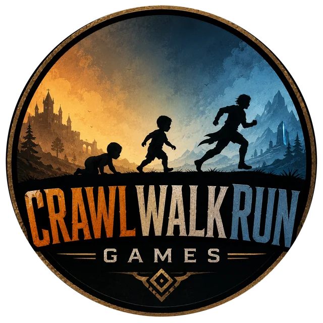 Crawl Walk Run Games badge: silhouettes of a crawling baby, a walking child and a running youth