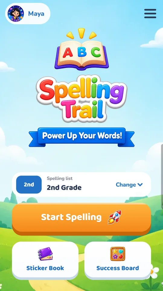 Spelling Trail home screen