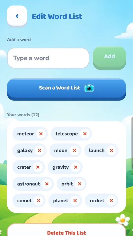 Editing a word list, with a Scan a Word List button and twelve space-themed words